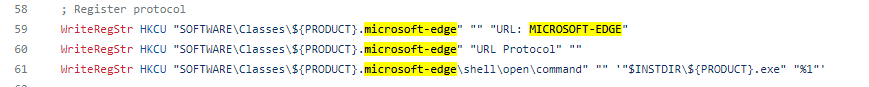 Code Snippet from EdgeDeflector demonstrating the relevant registry keys under HKCU\Software\Classes\${PRODUCT}.Microsoft-Edge setting URL to Microsoft-Edge and a shell\open\command to $installdir\${PRODUCT}.exe %1. and a blank string for URL Protocol.